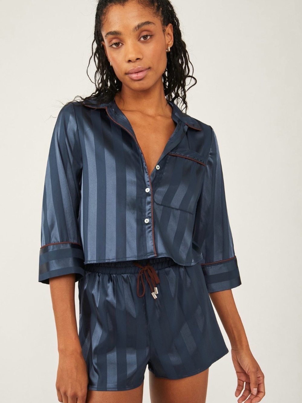Free People Intimately Pillow Talk Satin Pajama Lounge Set Stormy Midnight
